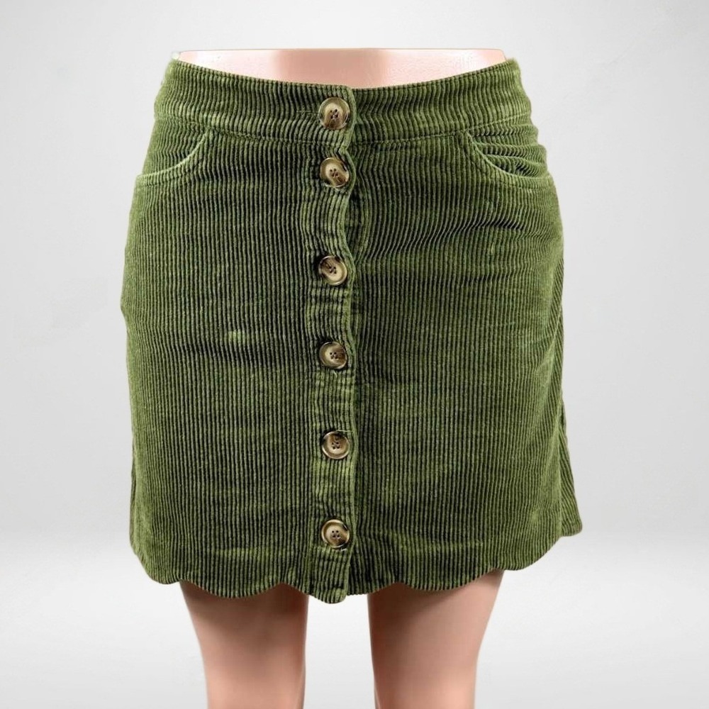Harper Heritage Olive Green Corduroy Button Front Scalloped Mini Skirt Small